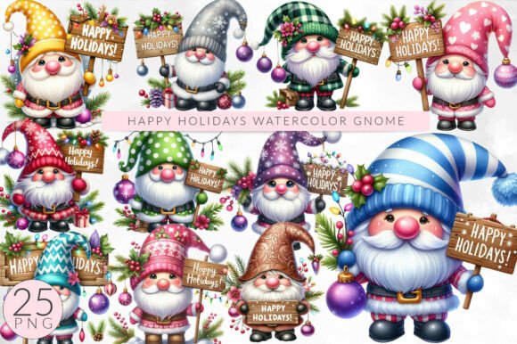 Download Happy Holidays Watercolor Gnome Clipart - Happy Collection